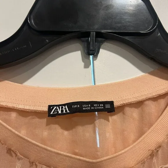 Zara Salmon Pink Balloon Sleeve Feather Blouse Women’s Size S - Picture 2 of 7